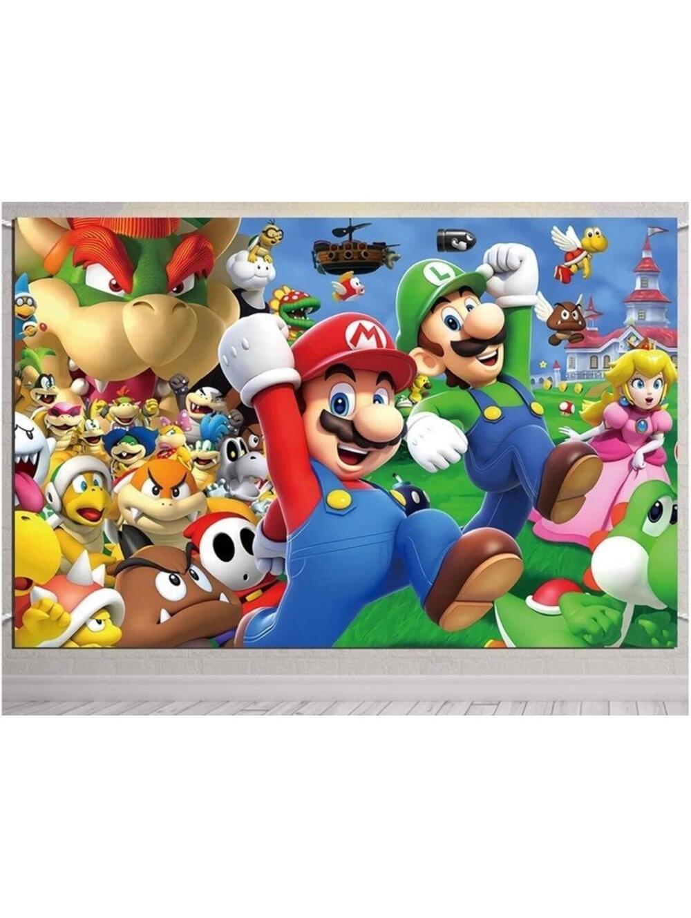 Super Mario Brothers Birthday Party Backdrop 5'x3' with Adhesive Stickers - Picture 2 of 3